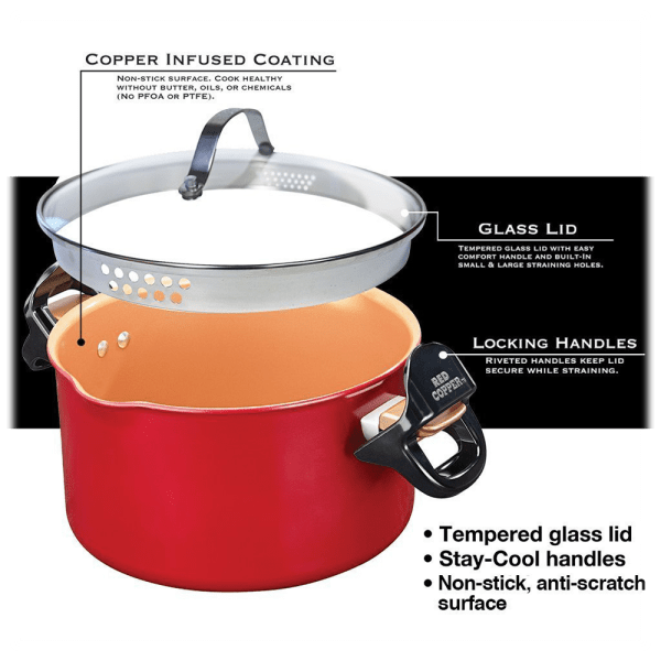 Locking Handles and Straining Lid Red Copper Better Pasta Pot by BulbHead 