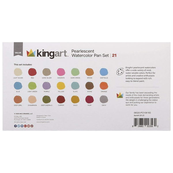 Kingart Watercolor Pan Set, Pearlescent Colors, 21 Unique Shades & Paint Brush