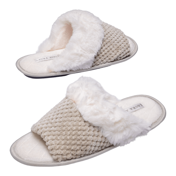 MorningSave: Laura Ashley Plush Open Toe Slippers with Memory Foam