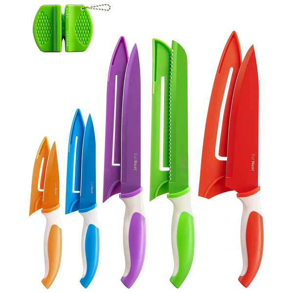 EatNeat 12 Piece Kitchen Knife Set - 5 Black Stainless Steel Knives with  Safety Sheaths, a Cutting Board, and a Sharpener, Razor Sharp Cutting Tools