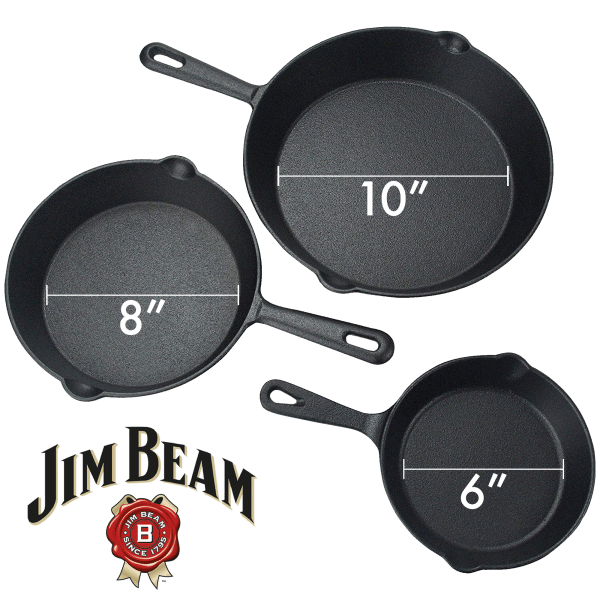 Jim Beam 3 Piece Cast Iron Skillet Set Pre Seasoned 6 8 & 10 Inch
