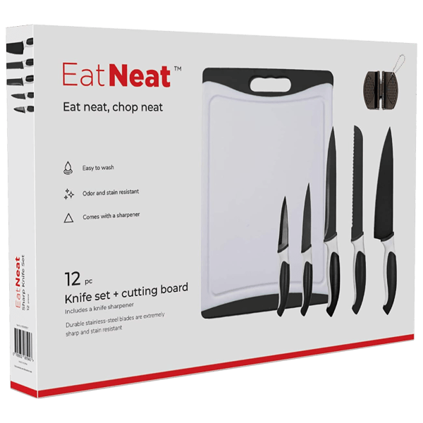  EatNeat 12 Piece Kitchen Knife Set - 5 Black Stainless Steel  Knives with Safety Sheaths, a Cutting Board, and a Sharpener, Razor Sharp  Cutting Tools that are Kitchen Essentials for New