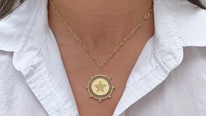 The Gold Plated Pave Medallion Necklace on Paperclip Chain