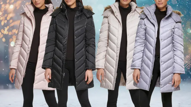 The Mid-Length Chevron Quilted Puffer With Faux Fur Trim