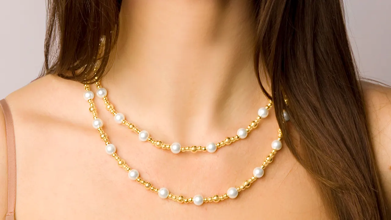 Martha Stewart Two Strand Pearl and Gold Ball Necklace 20"