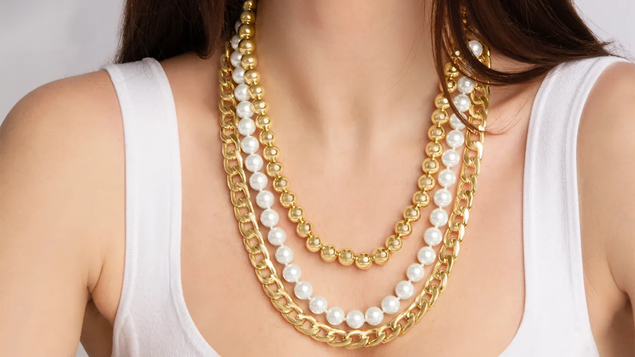 Martha Stewart Three Strand Pearl, Gold Ball and Chain Gold Necklace, 18"