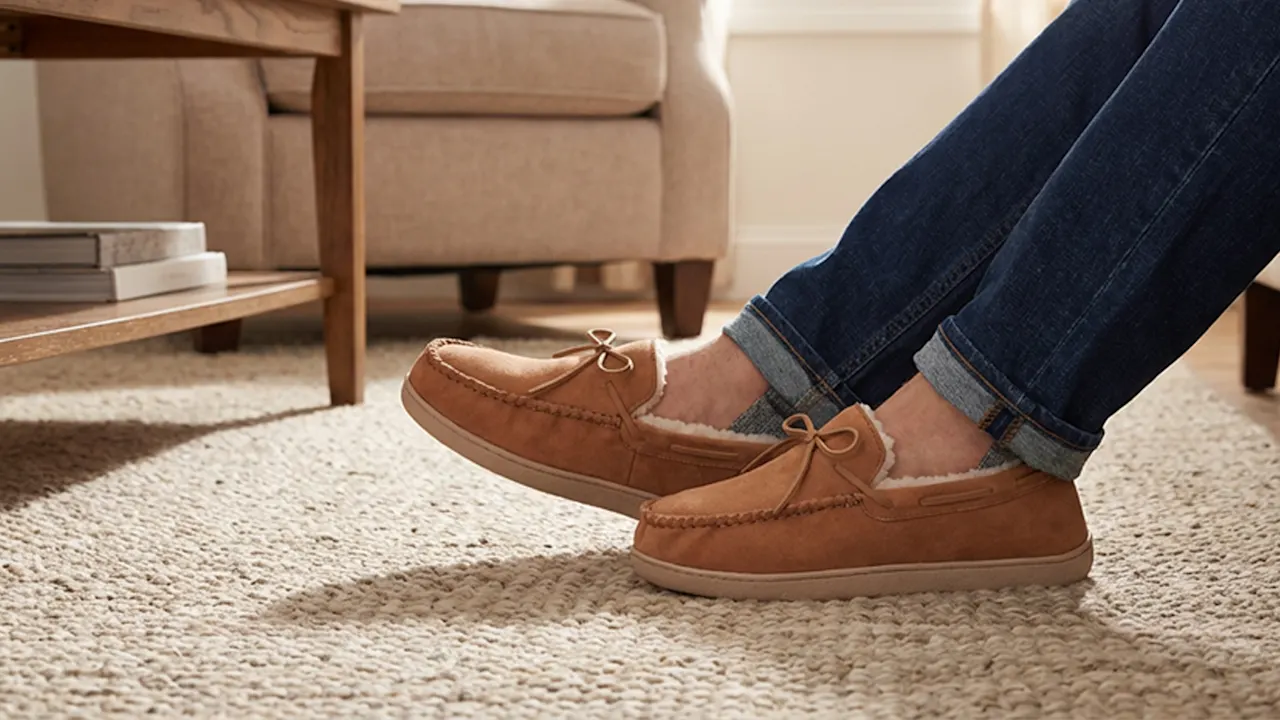 Floopi Mens Microsuede Moccasin Slippers with Bow