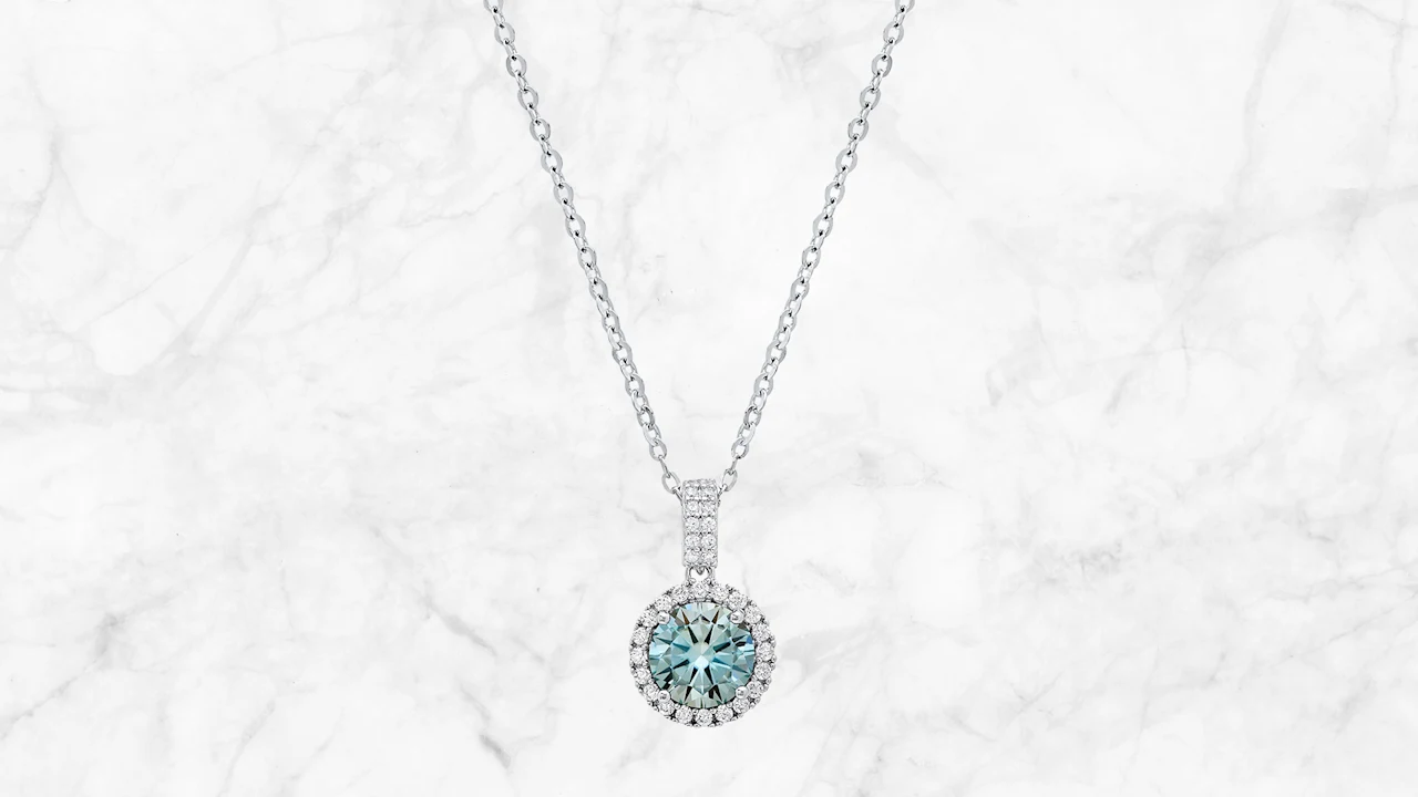 Saffron 1.0 Carat TW Turquoise Moissanite Halo Pendant Sterling Silver Necklace