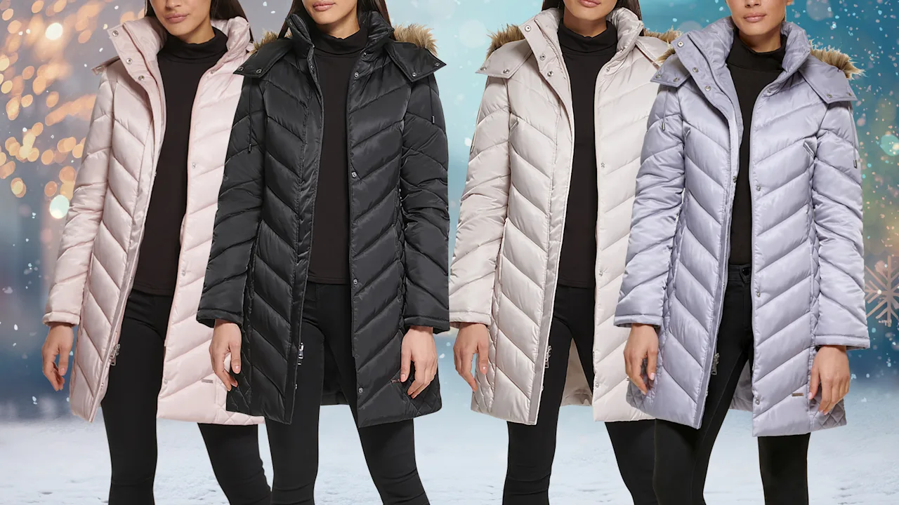 Kenneth Cole Mid-Length Chevron Quilted Puffer Jacket with Faux Fur Trim