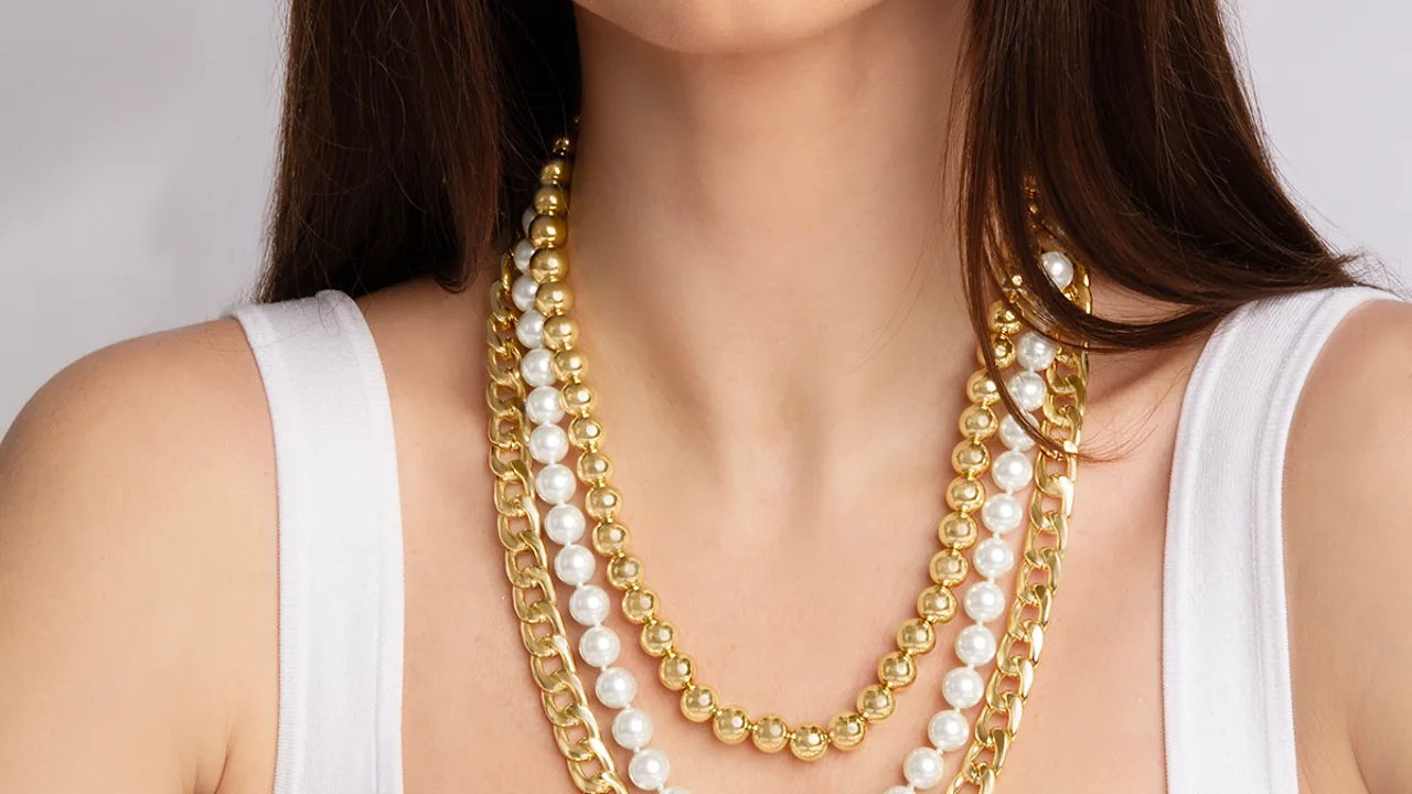 Martha Stewart Three Strand Pearl, Gold Ball and Chain Gold Necklace, 18"