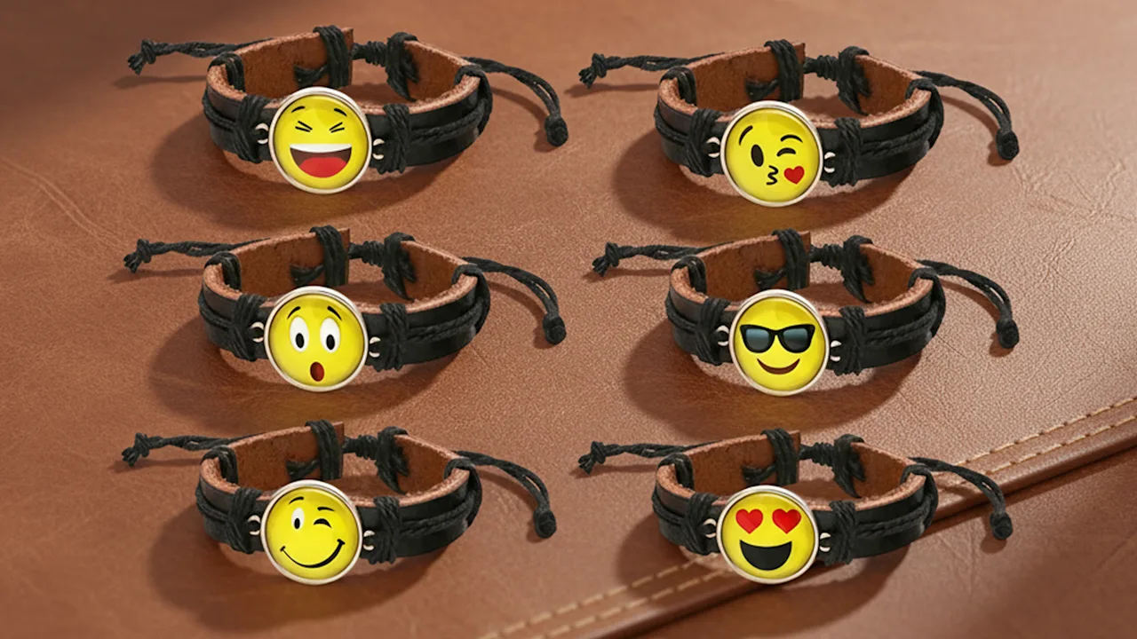 Steeltime Set of 6 Brown Leather Drawstring Assorted Emoji Bracelets