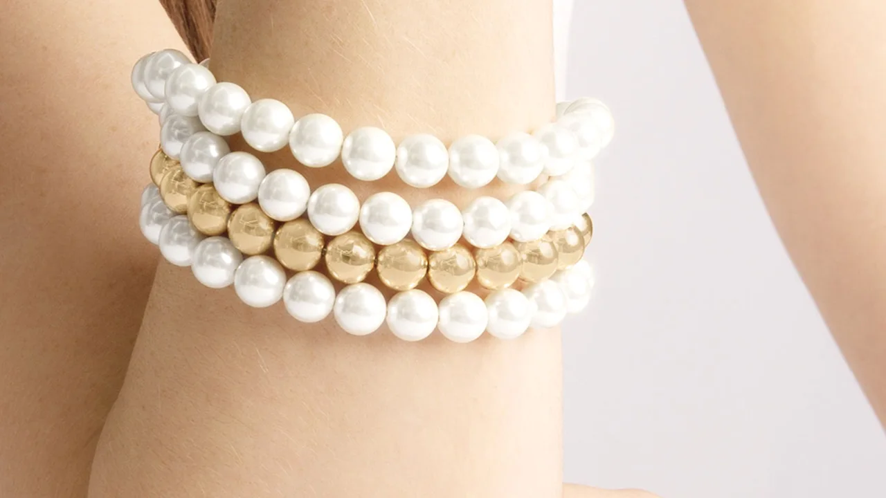Martha Stewart Four Strand Pearl and Gold Ball 7" Bracelet