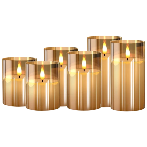 6-Piece Glass LED Real Flame-Effect Wax Candles Set