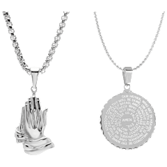 Steeltime Men's Prayer Hands & Round Pendant Necklace Set