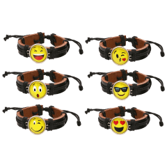 Steeltime Set of 6 Brown Leather Drawstring Assorted Emoji Bracelets
