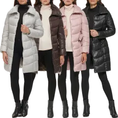 Kenneth Cole Longline Belted Puffer Jacket with Funnel Neck