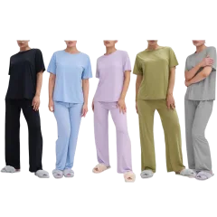 Talmont Pijama para Mujer de 2 Piezas con Blusa de Manga Corta y Tela Sedosa