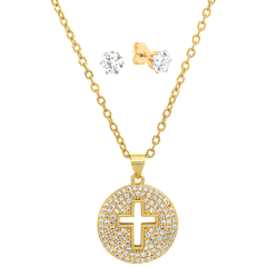Steeltime 18K Gold Plated Simulated Diamond Cross Pendant & Earrings
