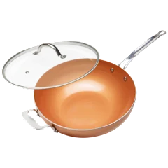 MasterPan Ceramic Nonstick 12" Copper Wok with Glass Lid