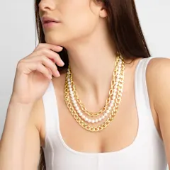 Martha Stewart Three Strand Pearl and Chain Gold Necklace