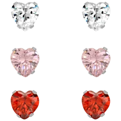 3-Pack: Steeltime Love Heart Shaped Simulated Diamond Stud Earrings