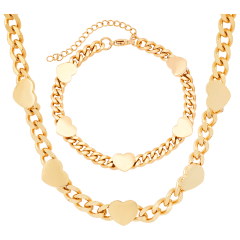 Steeltime Juego de Pulsera y Collar con Dijes de Corazones en Cadena Cubana