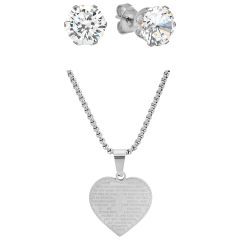 4-Pack: Steeltime Heart Shaped "Our Father" Prayer Pendant & Simulated Diamonds