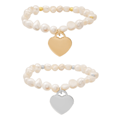 Steeltime Set of 2 Freshwater Pearl Stretch Bracelets with Heart Charm