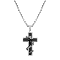 Iron Saints Stainless Steel Cross Pendant with Black Onyx & Wrapped Serpent