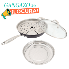 Fabio Viviani Sartén con 2 Insertos Acero Inoxidable y Tapa de Vidrio Abovedada