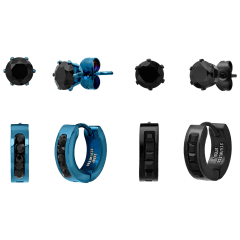 Steeltime Men’s 8-Piece Black & Blue Ion Plated Studs & Huggie Hoops Set