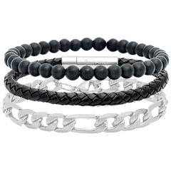 Steeltime Men’s Leather, Lava Bead & Stainless Steel Figaro Bracelet Set