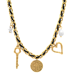 Saffron Multi-Charm Chain Necklace with Key, Heart & Pearl Accents