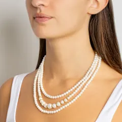 Martha Stewart Three Strand Pearl and Ball Gold Necklace