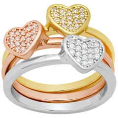 Steeltime Ladies Tri-Tone Brass Simulated Diamond Heart Shape 3-Piece Ring Set