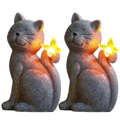 2-Pack: Nacome Outdoor Garden Cat Statue with Illuminated Solar Butterfly