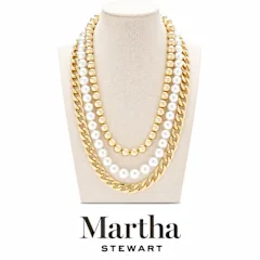 Martha Stewart Three Strand Pearl, Gold Ball and Chain Gold Necklace, 18"