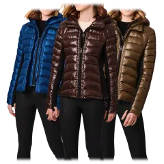 Bernardo Nylon & Neoprene Packable Puffer Jacket with Removable Hood and Bib