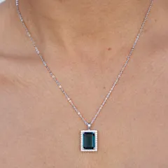 Savvy Cie Emerald Cut London Blue Cubic Zirconia Halo Necklace
