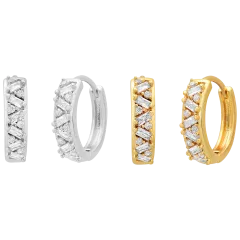 Steeltime Set of 2 Baguette & Round Simulated Diamond Brass Huggie Hoop Earrings