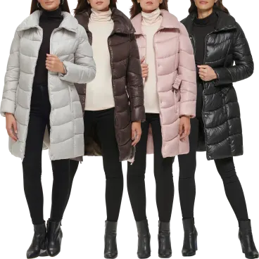 Kenneth Cole Longline Belted Puffer Jacket with Funnel Neck