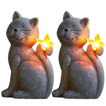 2-Pack: Nacome Outdoor Garden Cat Statue with Illuminated Solar Butterfly