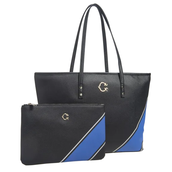 Black & Blue Stripe Pattern Large Tote and Pouch Bundle by C. Wonder