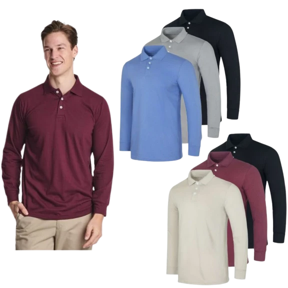 6-Pack: Nextex Mens Cotton Jersey Long-Sleeve Polo Shirts