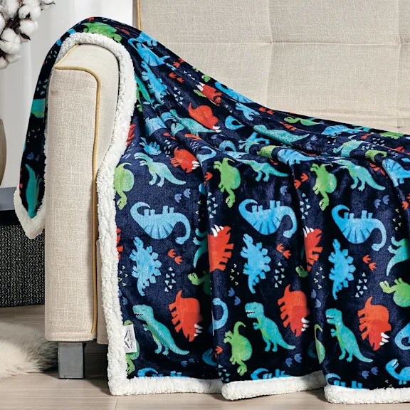 Luxury Home Navy Dino Faux Shearling Sherpa Throw Blanket