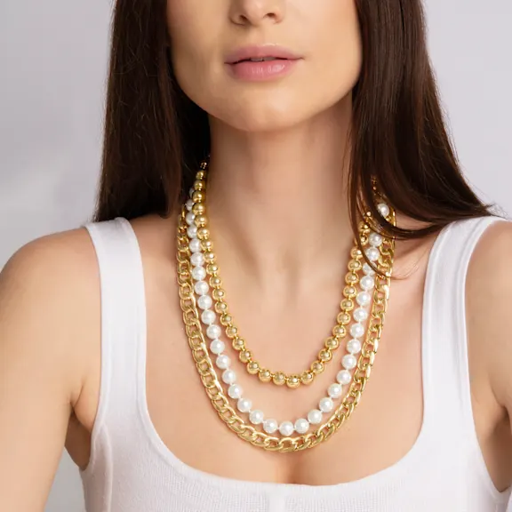 Martha Stewart Three Strand Pearl, Gold Ball and Chain Gold Necklace, 18"