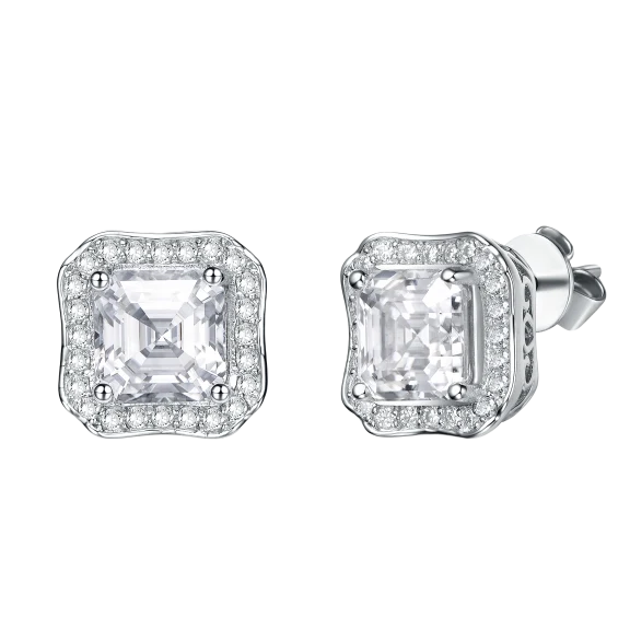 Aretes Tipo Stud Cuadrados Geométricos con Halo y Moissanita Stella Valentino...