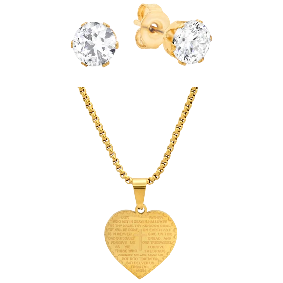 Steeltime Heart-Shaped "Our Father" Pendant & Diamond Stud Earrings