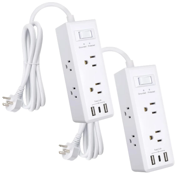 2-Pack: Clear Power 6-Outlet Surge Protector Power Strip with 3 USB Ports