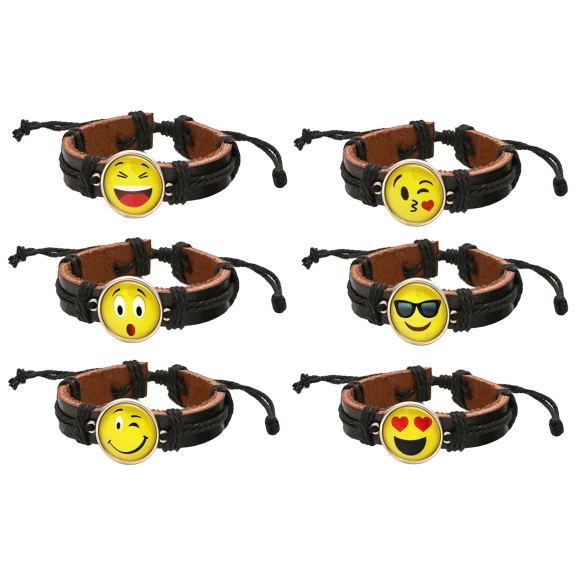 Steeltime Set de 6 Pulseras de Cuero Marrón con Cordón y Emojis Variados